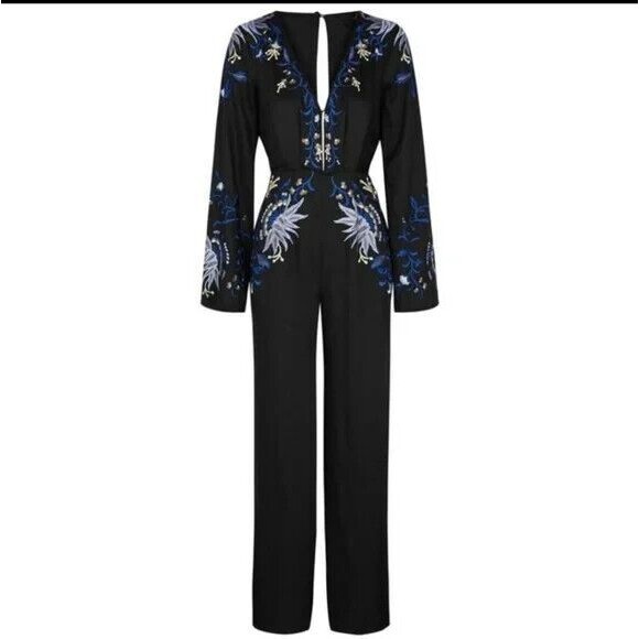 Free People Gypsy Rose Jumpsuit Floral Embroidered Black Size 4 Wide Leg… - Picture 8 of 16